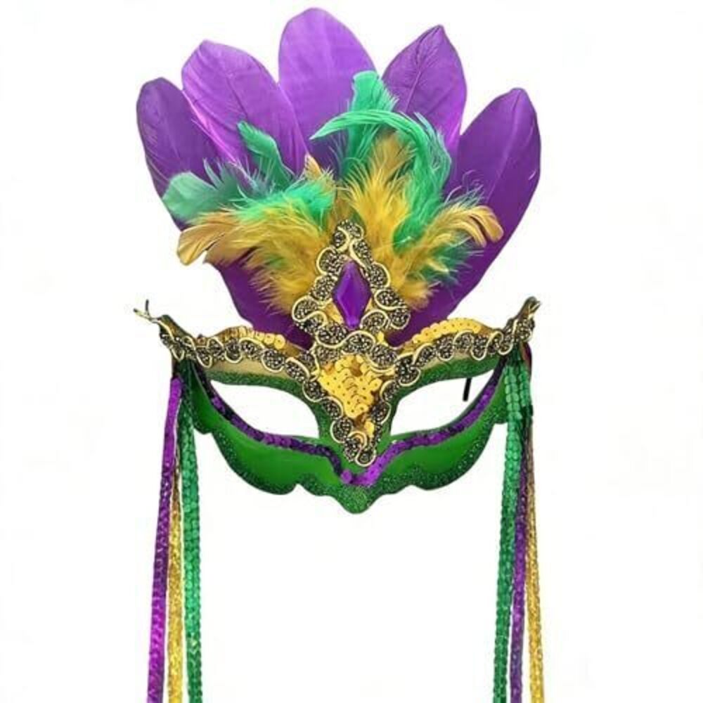 7790 Mardi Gras Mask - Sequin & Feather Venetian Half Face Mask in Green